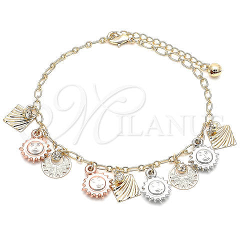 Oro Laminado Charm Anklet , Gold Filled Style Sun Design, with White Crystal, Polished, Tricolor, 03.331.0056.10 (03 MM Thickness, 10 Inches Length)