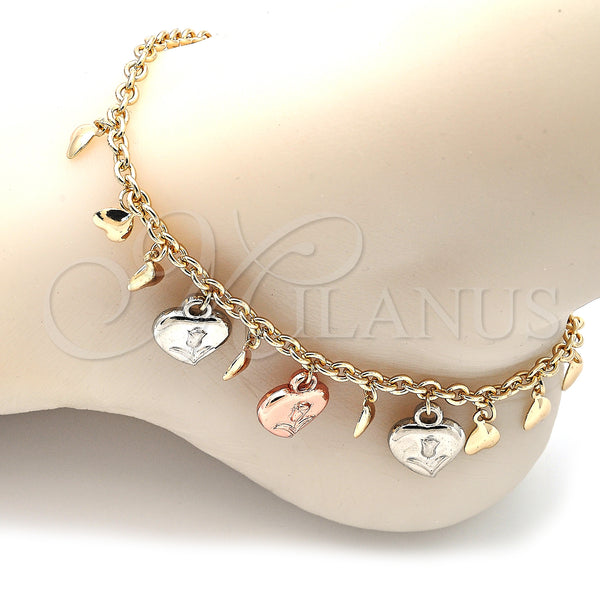 Gold Filled Anklet — Charm Anklet Heart and Flower Design Polished Tricolor — alternate product view — SKU 139894 | Oro Laminado tobillera — Charm Anklet corazón and flor diseño pulido Tricolor — SKU 139894