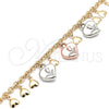 Oro Laminado Charm Anklet , Gold Filled Style Heart and Flower Design, Polished, Tricolor, 03.331.0058.10 (04 MM Thickness, 10 Inches Length)