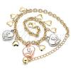 Oro Laminado Charm Anklet , Gold Filled Style Heart and Flower Design, Polished, Tricolor, 03.331.0058.10 (04 MM Thickness, 10 Inches Length)