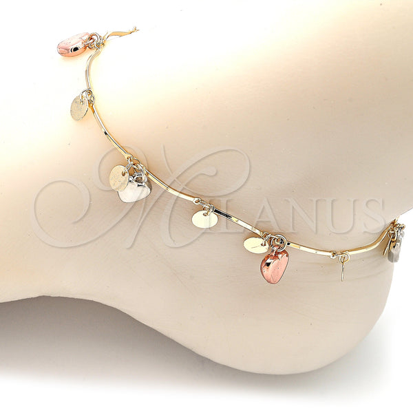 Gold Filled Anklet — Charm Anklet Heart Design Polished Tricolor 03. 01 — alternate product view — SKU 139896 | Oro Laminado tobillera — Charm Anklet corazón diseño pulido Tricolor 03. 01 — SKU 139896