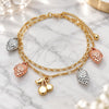 Oro Laminado Charm Anklet , Gold Filled Style Cherry and Strawberry Design, Polished, Tricolor, 03.331.0061.10 (03 MM Thickness, 10 Inches Length)