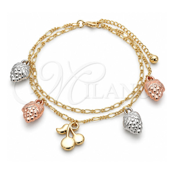 Oro Laminado Charm Anklet , Gold Filled Style Cherry and Strawberry Design, Polished, Tricolor, 03.331.0061.10 (03 MM Thickness, 10 Inches Length)