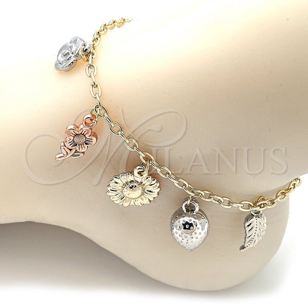 Gold Filled Anklet — Charm Anklet Flower and Strawberry Design Polished Tricolor — alternate product view — SKU 139898 | Oro Laminado tobillera — Charm Anklet flor and Strawberry diseño pulido Tricolor — SKU 139898