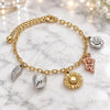 Oro Laminado Charm Anklet , Gold Filled Style Flower and Strawberry Design, Polished, Tricolor, 03.331.0062.10 (04 MM Thickness, 10 Inches Length)
