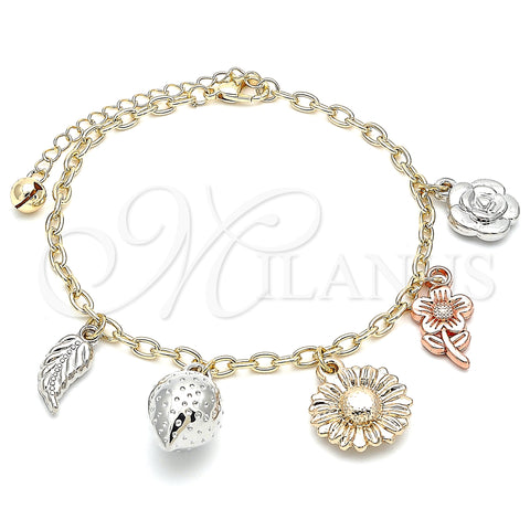 Oro Laminado Charm Anklet , Gold Filled Style Flower and Strawberry Design, Polished, Tricolor, 03.331.0062.10 (04 MM Thickness, 10 Inches Length)