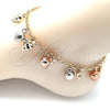 Oro Laminado Charm Anklet , Gold Filled Style Strawberry and Grape Design, with White Crystal, Polished, Tricolor, 03.331.0063.10 (05 MM Thickness, 10 Inches Length)