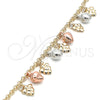 Oro Laminado Charm Anklet , Gold Filled Style Strawberry and Grape Design, with White Crystal, Polished, Tricolor, 03.331.0063.10 (05 MM Thickness, 10 Inches Length)