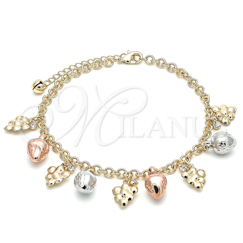 Oro Laminado Charm Anklet , Gold Filled Style Strawberry and Grape Design, with White Crystal, Polished, Tricolor, 03.331.0063.10 (05 MM Thickness, 10 Inches Length)
