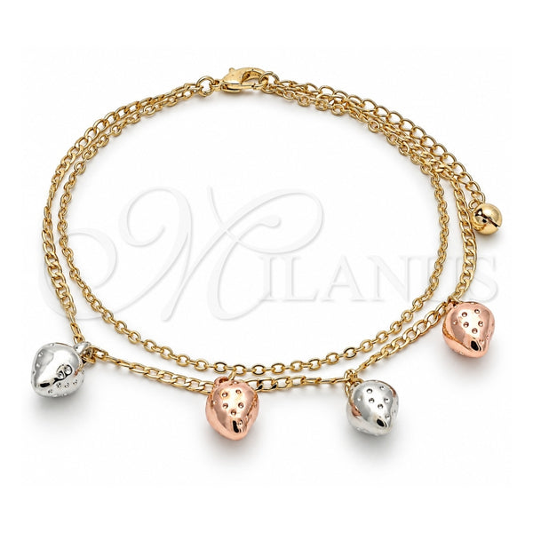 Oro Laminado Charm Anklet , Gold Filled Style Strawberry Design, Polished, Tricolor, 03.331.0066.10 (02 MM Thickness, 10 Inches Length)