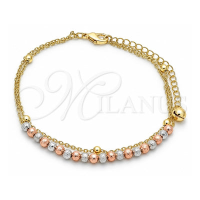 Oro Laminado Charm Anklet , Gold Filled Style Ball Design, Matte Finish, Tricolor, 03.331.0067.10 (02 MM Thickness, 10 Inches Length)