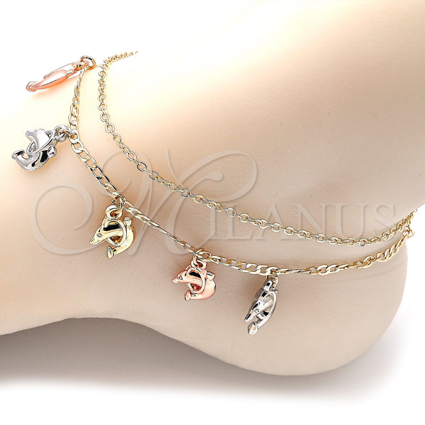 Gold Filled Anklet — Charm Anklet Dolphin Design Polished Tricolor 03. 02 — alternate product view — SKU 139904 | Oro Laminado tobillera — Charm Anklet Dolphin diseño pulido Tricolor 03. 02 — SKU 139904