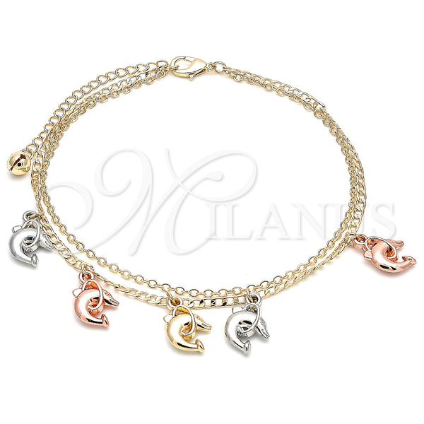 Gold Filled Anklet — Charm Anklet Dolphin Design Polished Tricolor 03. 02 — main product view — SKU 139904 | Oro Laminado tobillera — Charm Anklet Dolphin diseño pulido Tricolor 03. 02 — SKU 139904