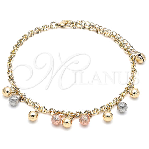 Oro Laminado Charm Anklet , Gold Filled Style Ball Design, Matte Finish, Tricolor, 03.331.0069.10 (04 MM Thickness, 10 Inches Length)
