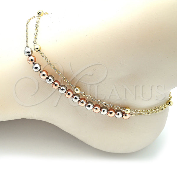 Gold Filled Anklet — Charm Anklet Ball Design Polished Tricolor 03. 02 — alternate product view — SKU 139906 | Oro Laminado tobillera — Charm Anklet Ball diseño pulido Tricolor 03. 02 — SKU 139906