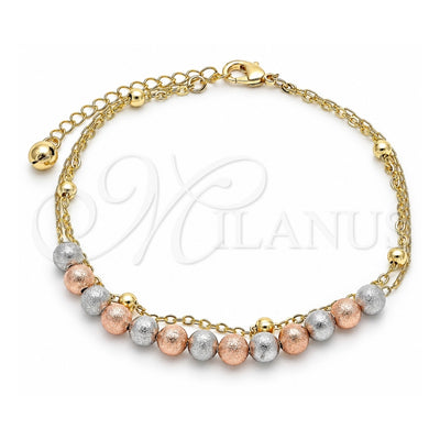 Oro Laminado Fancy Anklet, Gold Filled Style Ball Design, Matte Finish, Tricolor, 03.331.0071.10 (02 MM Thickness, 10 Inches Length)