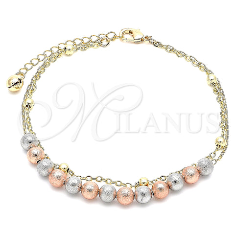 Oro Laminado Fancy Anklet, Gold Filled Style Ball Design, Matte Finish, Tricolor, 03.331.0071.10 (02 MM Thickness, 10 Inches Length)
