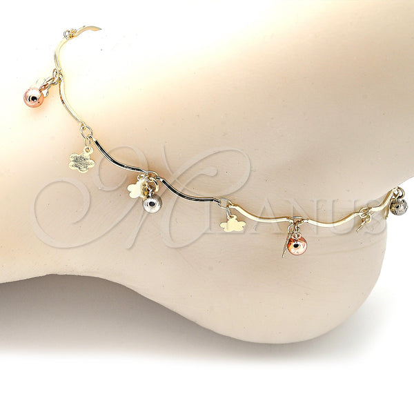 Gold Filled Anklet — Charm Anklet Ball and Flower Design Polished Tricolor — alternate product view — SKU 139909 | Oro Laminado tobillera — Charm Anklet Ball and flor diseño pulido Tricolor — SKU 139909