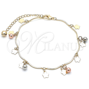 Gold Filled Anklet — Charm Anklet Ball and Flower Design Polished Tricolor — main product view — SKU 139909 | Oro Laminado tobillera — Charm Anklet Ball and flor diseño pulido Tricolor — SKU 139909