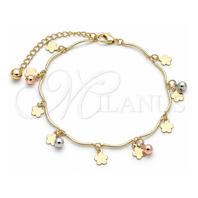Oro Laminado Charm Anklet , Gold Filled Style Ball and Flower Design, Polished, Tricolor, 03.331.0073.10 (01 MM Thickness, 10 Inches Length)