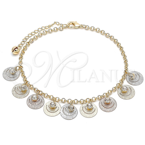 Oro Laminado Charm Anklet , Gold Filled Style Filigree Design, with White Crystal, Polished, Tricolor, 03.331.0075.10 (03 MM Thickness, 10 Inches Length)
