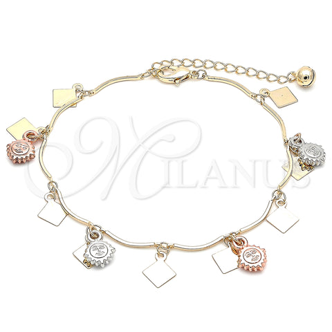 Oro Laminado Charm Anklet , Gold Filled Style Sun Design, Polished, Tricolor, 03.331.0076.10 (01 MM Thickness, 10 Inches Length)
