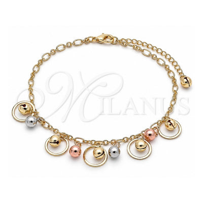 Oro Laminado Charm Anklet , Gold Filled Style Rattle Charm and Ball Design, Polished, Tricolor, 03.331.0082.10 (03 MM Thickness, 10 Inches Length)