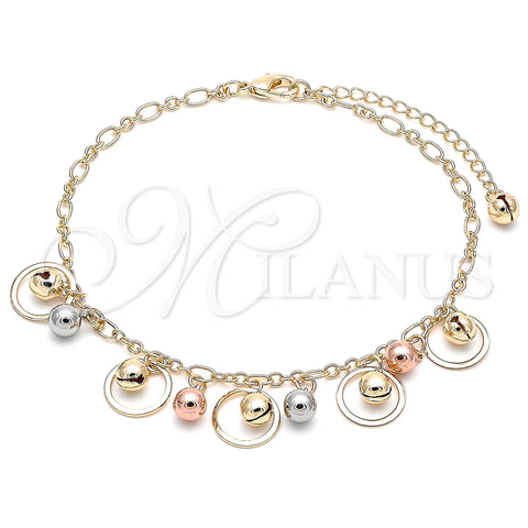 Oro Laminado Charm Anklet , Gold Filled Style Rattle Charm and Ball Design, Polished, Tricolor, 03.331.0082.10 (03 MM Thickness, 10 Inches Length)