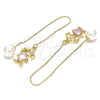 Oro Laminado Threader Earring, Gold Filled Style Little Girl and Heart Design, with Pink Cubic Zirconia, Polished, Golden Finish, 02.380.0025.1