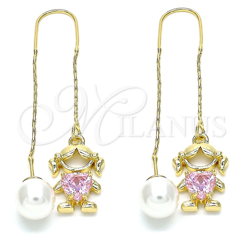Oro Laminado Threader Earring, Gold Filled Style Little Girl and Heart Design, with Pink Cubic Zirconia, Polished, Golden Finish, 02.380.0025.1