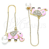 Oro Laminado Threader Earring, Gold Filled Style Elephant Design, with White Crystal, Pink Enamel Finish, Golden Finish, 02.380.0029