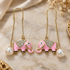 Oro Laminado Threader Earring, Gold Filled Style Elephant Design, with White Crystal, Pink Enamel Finish, Golden Finish, 02.380.0029