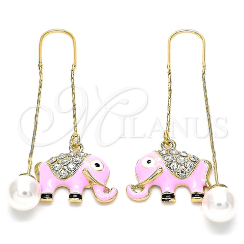 Oro Laminado Threader Earring, Gold Filled Style Elephant Design, with White Crystal, Pink Enamel Finish, Golden Finish, 02.380.0029