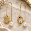 Oro Laminado Threader Earring, Gold Filled Style Owl Design, with White and Black Crystal, Polished, Golden Finish, 02.380.0030