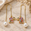 Oro Laminado Threader Earring, Gold Filled Style Elephant Design, with Multicolor Crystal, Polished, Golden Finish, 02.380.0032.1