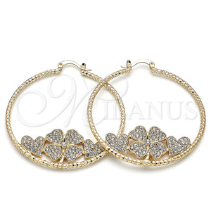 Gold Filled Hoop Earrings — Large Hoop Four-leaf Clover and Heart Design with — main product view — SKU 139956 | Oro Laminado aretes de aro — Large Hoop Four-leaf Clover and corazón diseño with — SKU 139956