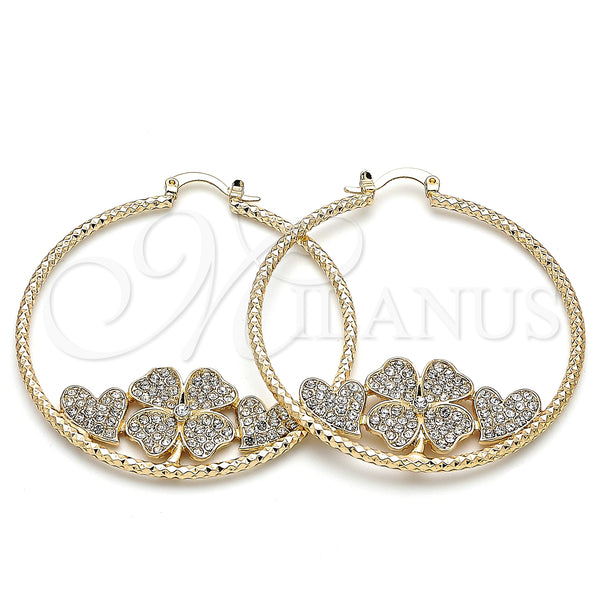 Gold Filled Hoop Earrings — Large Hoop Four-leaf Clover and Heart Design with — main product view — SKU 139956 | Oro Laminado aretes de aro — Large Hoop Four-leaf Clover and corazón diseño with — SKU 139956