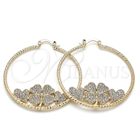 Oro Laminado Large Hoop, Gold Filled Style Four-leaf Clover and Heart Design, with White Crystal, Diamond Cutting Finish, Golden Finish, 02.380.0036.1.50
