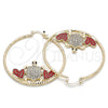 Oro Laminado Large Hoop, Gold Filled Style Turtle and Heart Design, with Garnet and White Crystal, Diamond Cutting Finish, Golden Finish, 02.380.0037.50