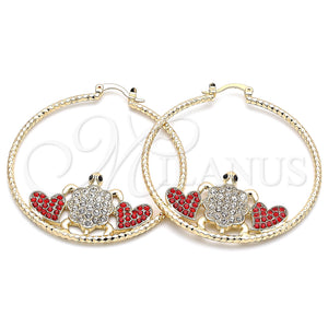 Gold Filled Hoop Earrings — Large Hoop Turtle and Heart Design with Garnet — main product view — SKU 139957 | Oro Laminado aretes de aro — Large Hoop Turtle and corazón diseño with Garnet — SKU 139957