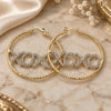 Oro Laminado Large Hoop, Gold Filled Style Hugs and Kisses Design, with White Crystal, Diamond Cutting Finish, Golden Finish, 02.380.0038.50