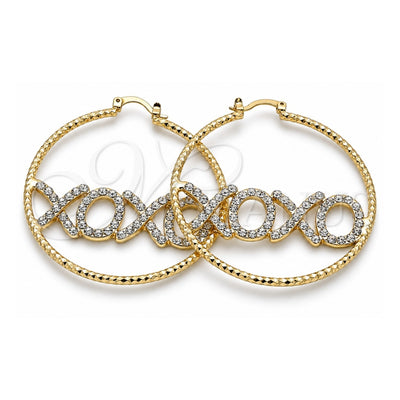 Oro Laminado Large Hoop, Gold Filled Style Hugs and Kisses Design, with White Crystal, Diamond Cutting Finish, Golden Finish, 02.380.0038.50