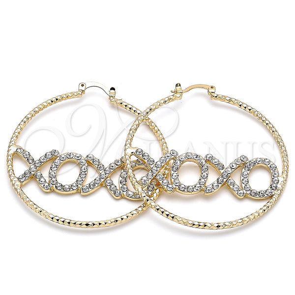 Oro Laminado Large Hoop, Gold Filled Style Hugs and Kisses Design, with White Crystal, Diamond Cutting Finish, Golden Finish, 02.380.0038.50