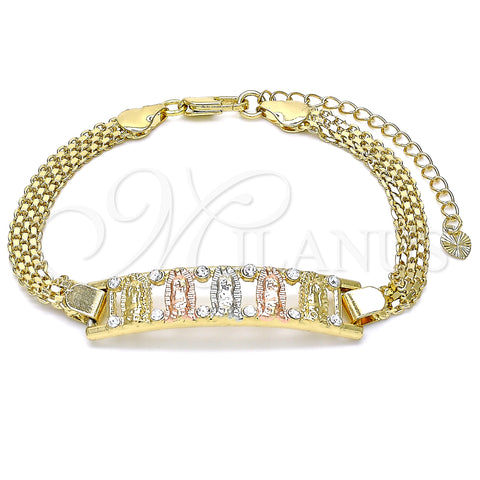 Oro Laminado Fancy Bracelet, Gold Filled Style Guadalupe Design, with White Crystal, Polished, Tricolor, 03.380.0022.08 (05 MM Thickness, 8 Inches Length)