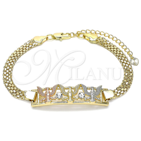 Oro Laminado Fancy Bracelet, Gold Filled Style Eagle Design, with White Crystal, Polished, Tricolor, 03.380.0028.08 (05 MM Thickness, 8 Inches Length)