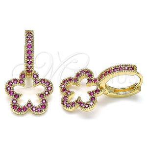 Gold Filled Hoop Earrings — Huggie Hoop Flower Design with Ruby Micro Pave — main product view — SKU 140014 | Oro Laminado aretes de aro — Huggie Hoop flor diseño with Ruby Micro Pave — SKU 140014