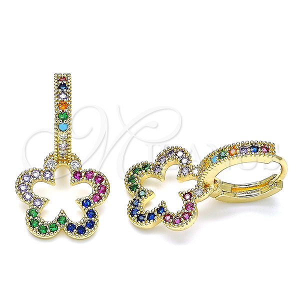 Gold Filled Hoop Earrings — Huggie Hoop Flower Design with Multicolor Micro Pave — main product view — SKU 140015 | Oro Laminado aretes de aro — Huggie Hoop flor diseño with Multicolor Micro Pave — SKU 140015