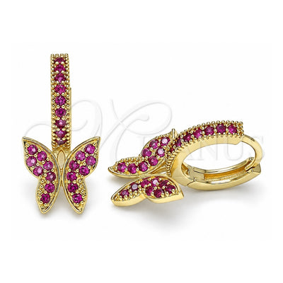 Oro Laminado Huggie Hoop, Gold Filled Style Butterfly Design, with Ruby Micro Pave, Polished, Golden Finish, 02.210.0448.1.15