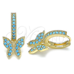 Gold Filled Hoop Earrings — Huggie Hoop Butterfly Design with Turquoise Micro Pave — main product view — SKU 140021 | Oro Laminado aretes de aro — Huggie Hoop Butterfly diseño with Turquoise Micro Pave — SKU 140021
