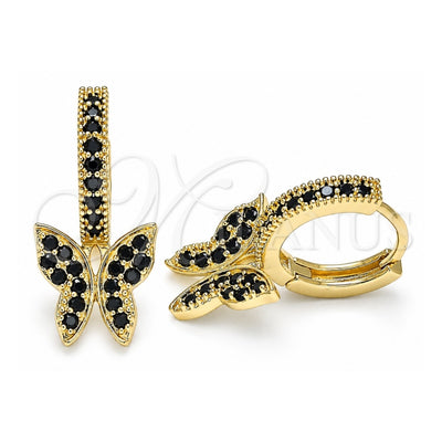 Oro Laminado Huggie Hoop, Gold Filled Style Butterfly Design, with Black Micro Pave, Polished, Golden Finish, 02.210.0448.4.15